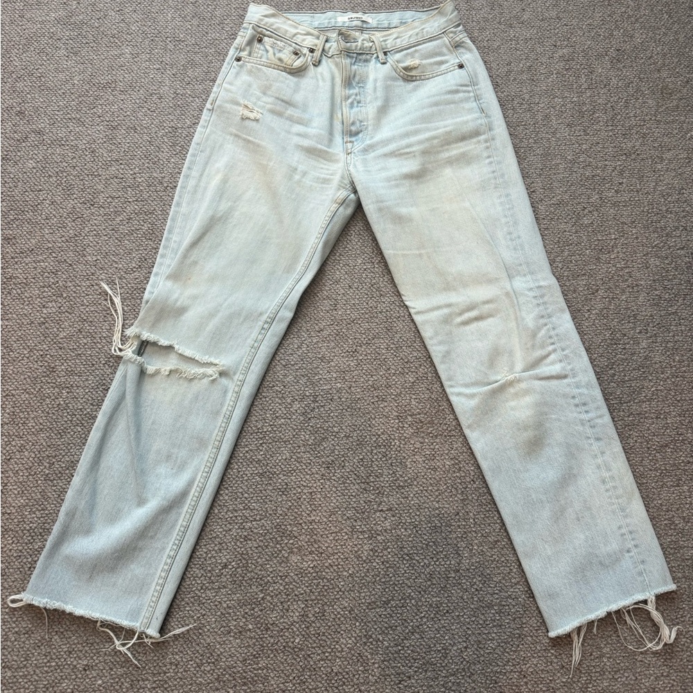 Blue Straight Leg Distressed Jeans with Raw Hem